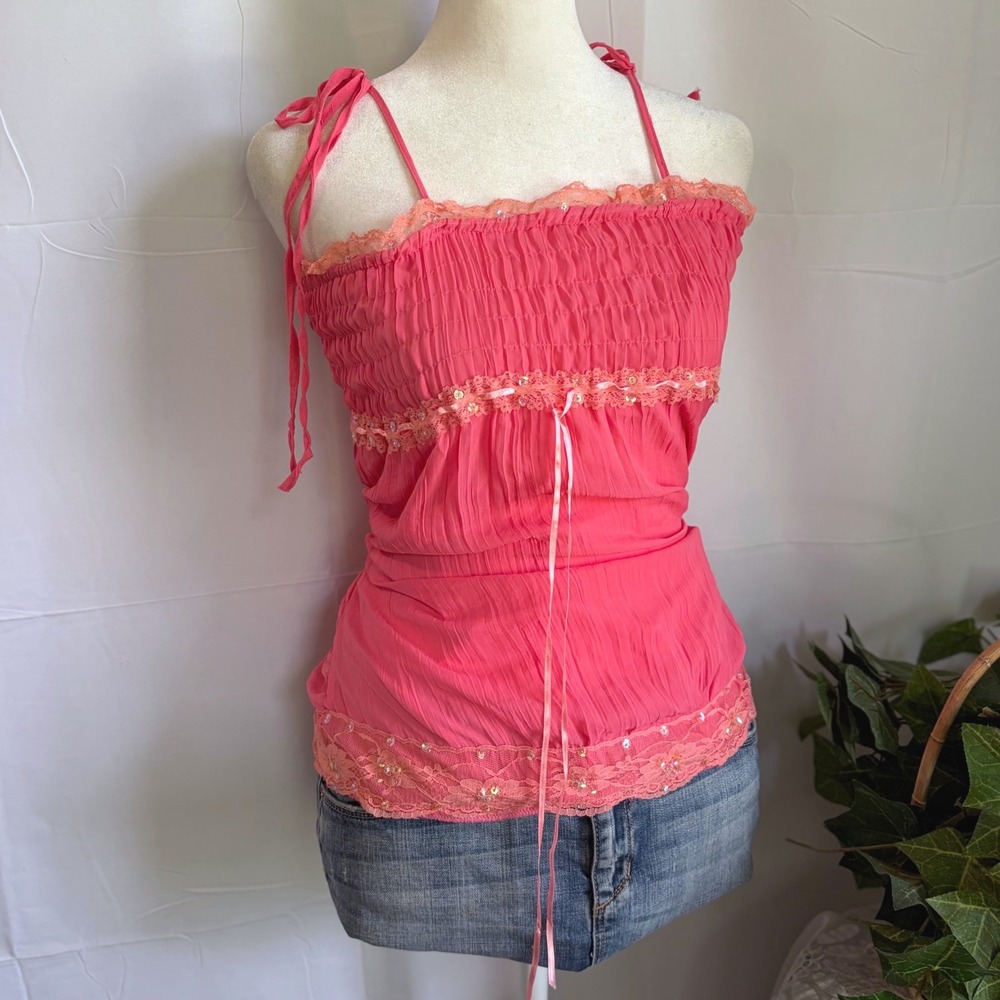 Y2K Fairy Babydoll Pink Smocked Crinkle Cami Top Lace Sequin
